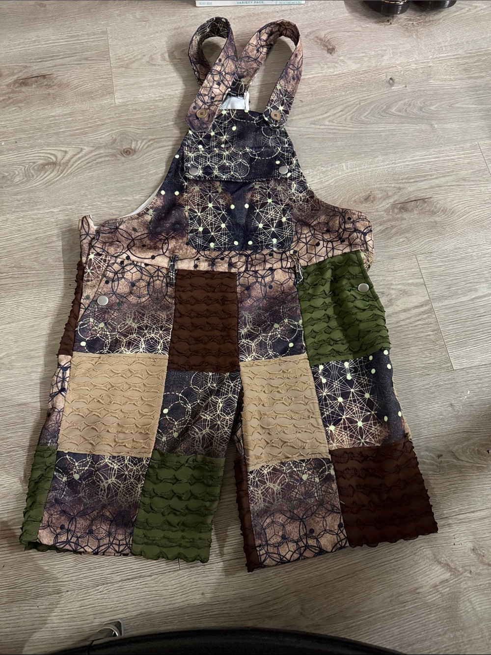 iHeartRaves Patchwork Wide-Leg Overalls in Green, Brown & Beige